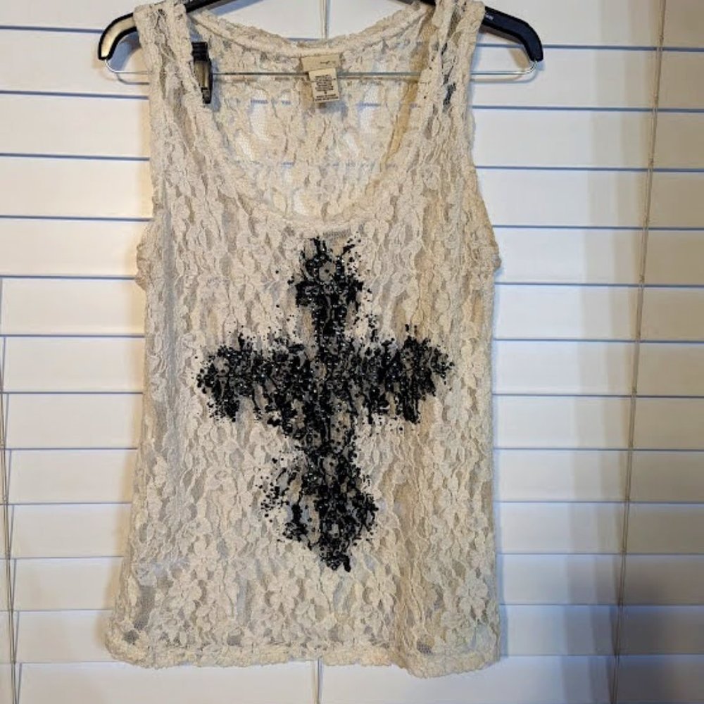 Daytrip Ladies sleeveless top, Knit, Sheer, White with black cross, Size S